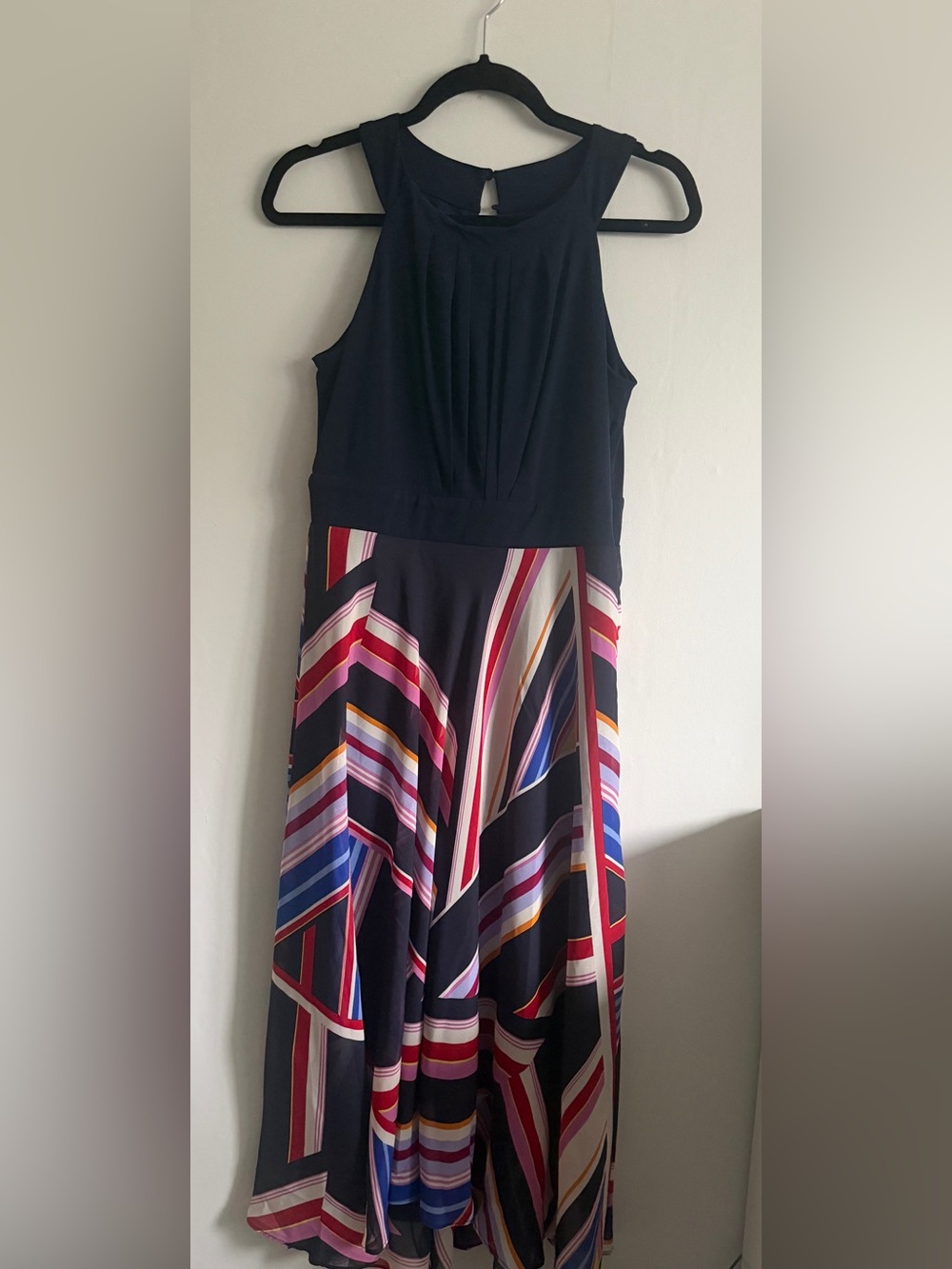 Sandra Darren Navy Maxi Dress with Multicolor Geometric Skirt